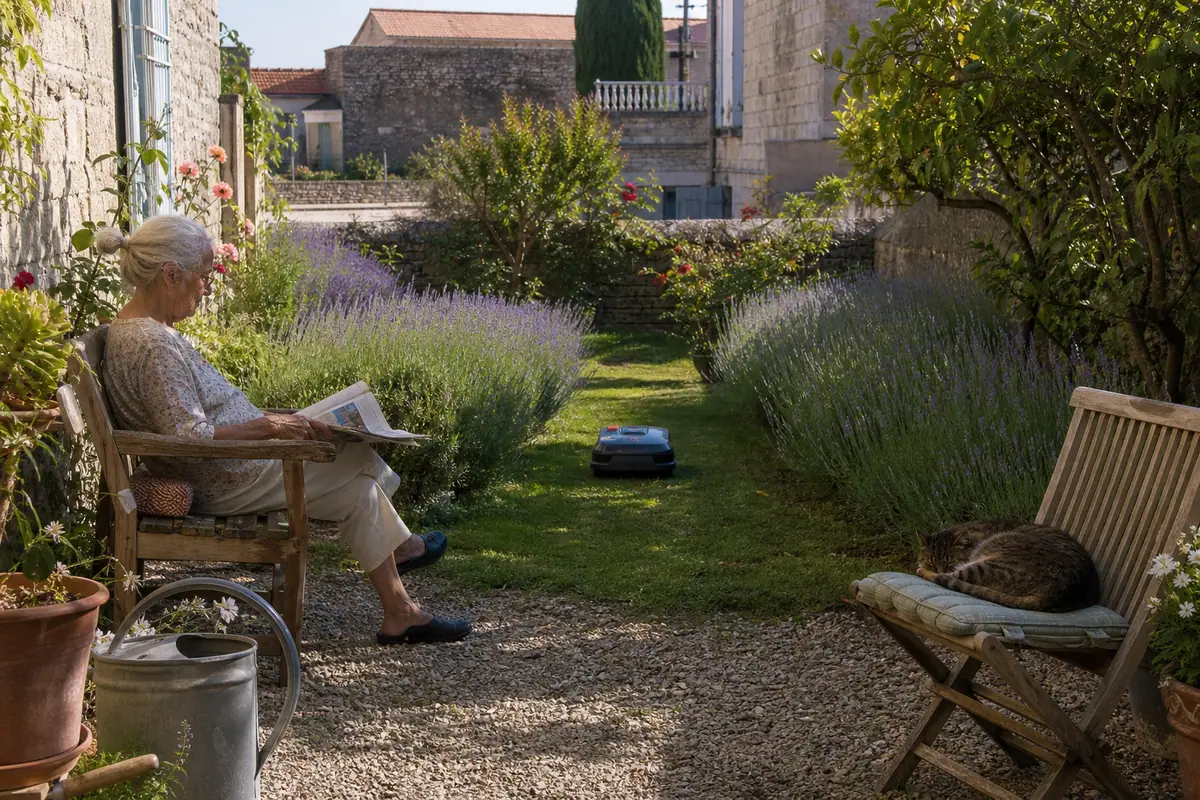 Une femme âgée lit sur un banc pendant qu'une petite tondeuse robot tond la pelouse étroite de son jardin de ville
