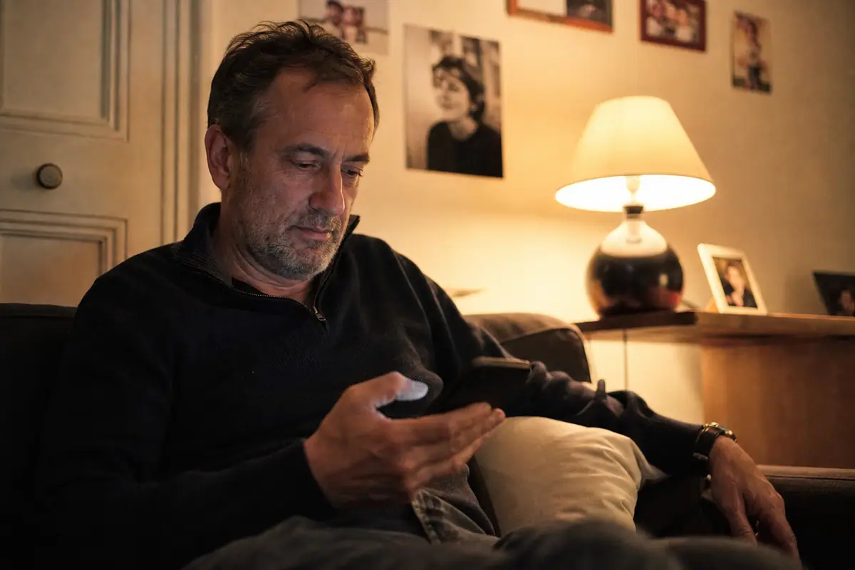 Un homme consulte une alerte d'alarme sur son téléphone un soir dans son salon
