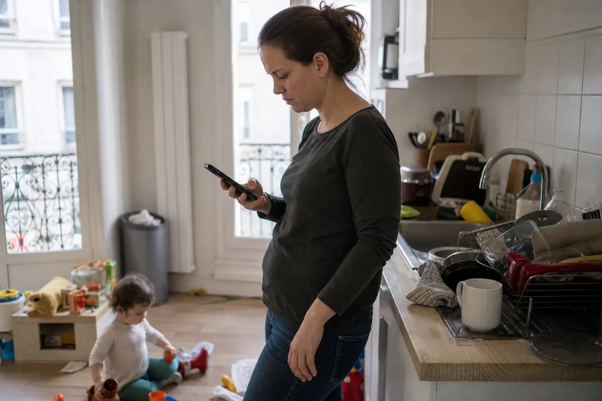 Une mère consulte une notification d'alarme sur son smartphone dans sa cuisine pendant que son enfant joue au sol