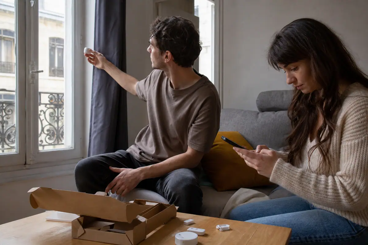 Un couple installe les capteurs d'une alarme sans fil dans son salon en suivant l'application sur smartphone