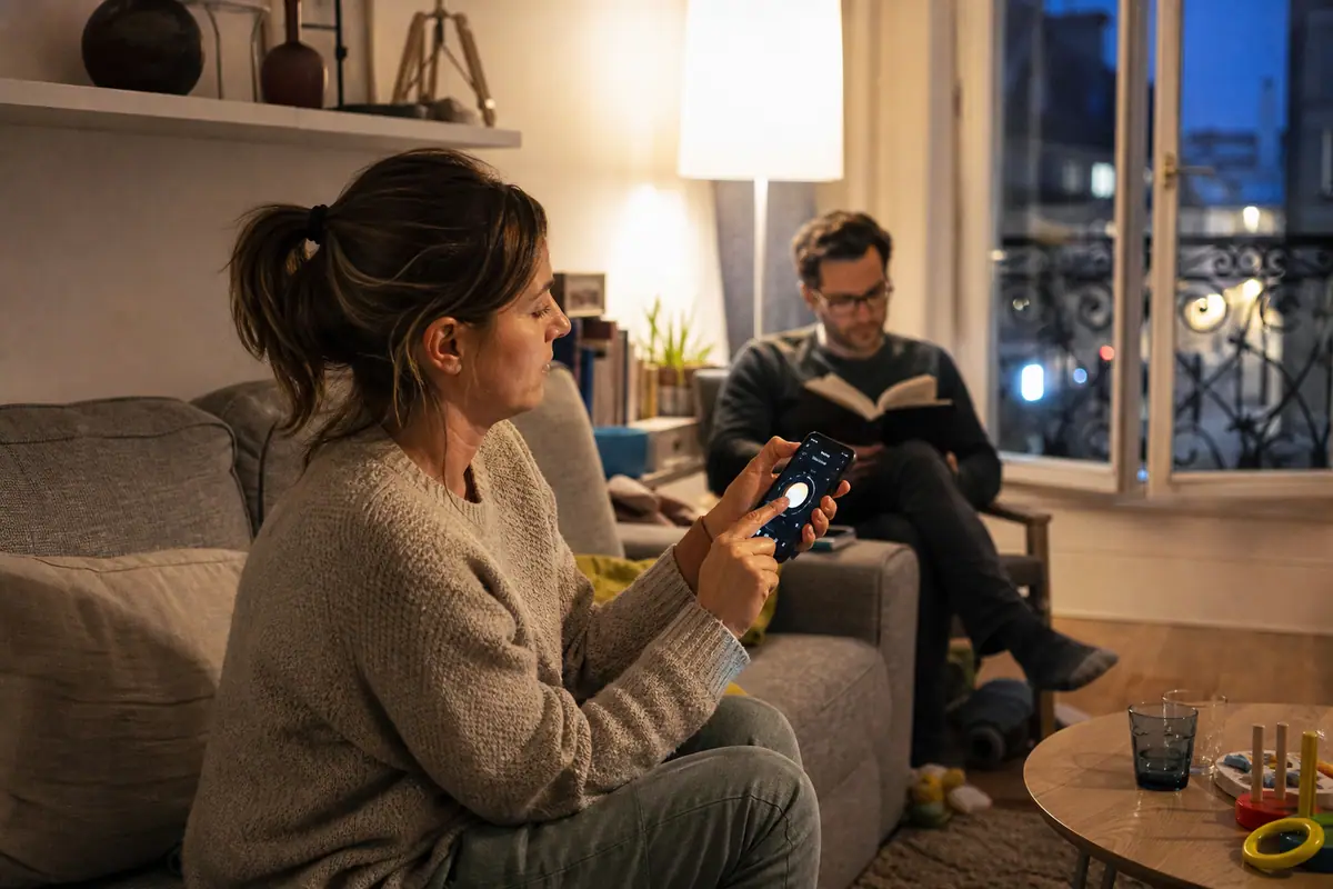 Une femme règle l'ambiance lumineuse de son salon le soir depuis une application sur son smartphone