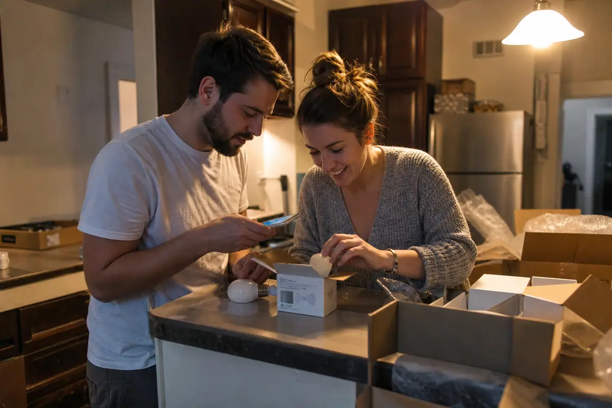 Un jeune couple installe une ampoule connectée Wi-Fi dans son nouvel appartement