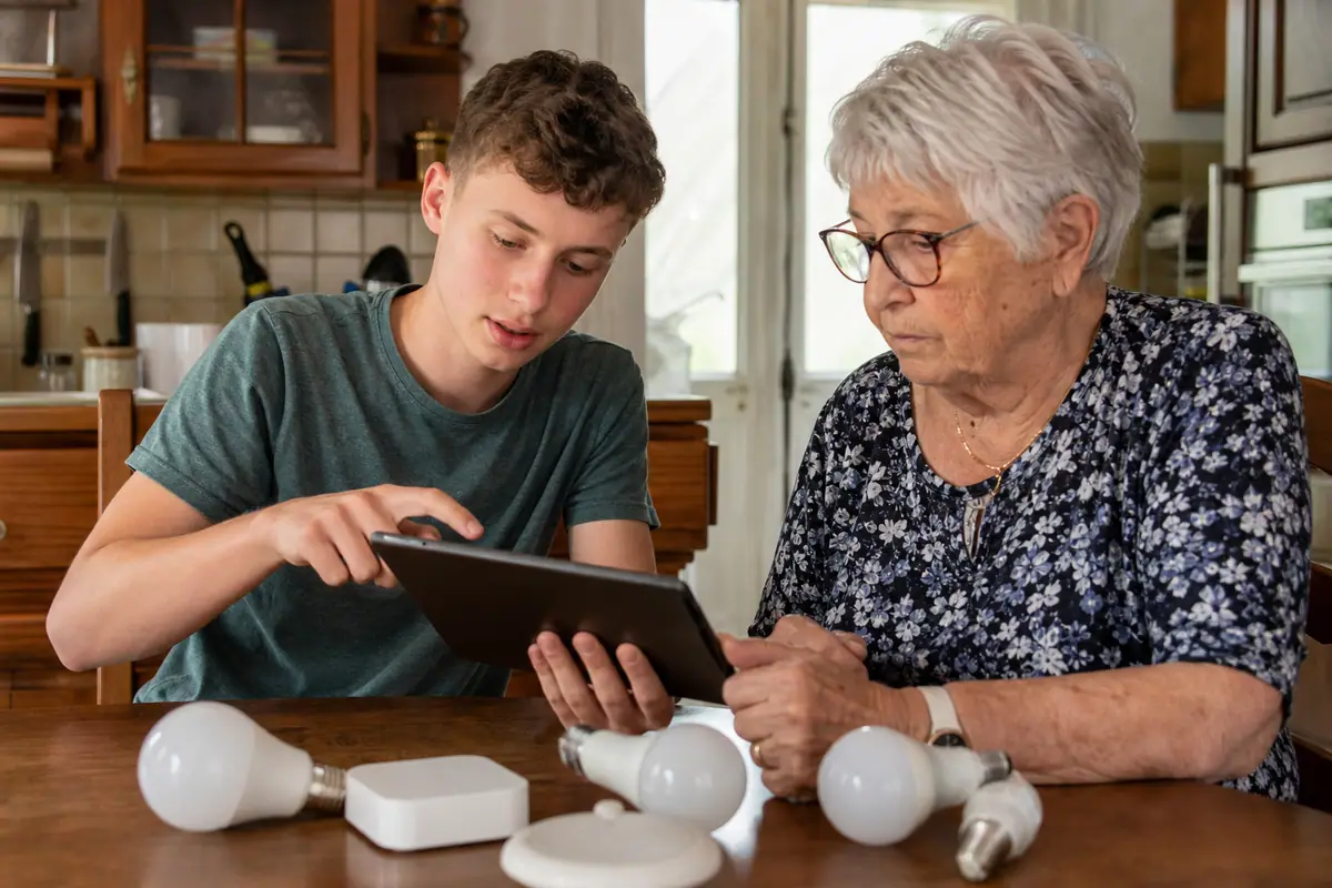 Un adolescent explique le fonctionnement d'une application domotique à sa grand-mère devant des ampoules connectées