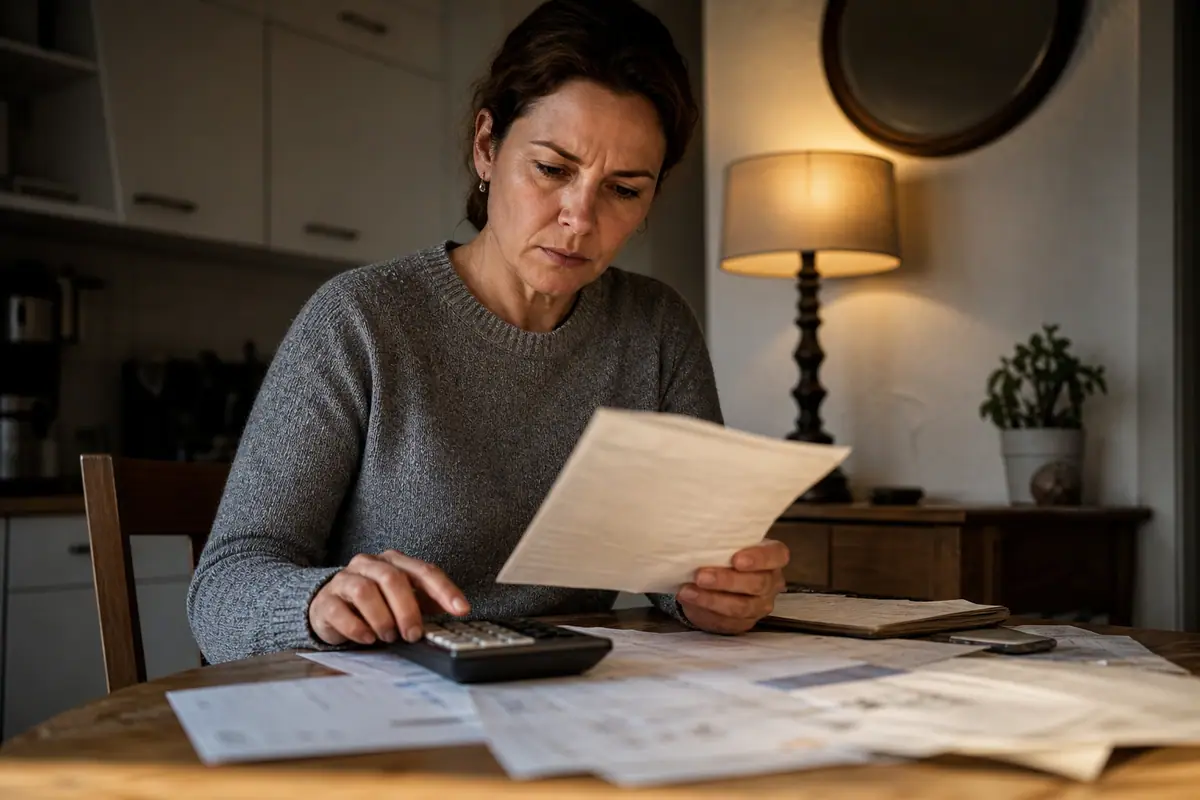 Une femme vérifie sa facture d'électricité à table, une ampoule connectée allumée derrière elle