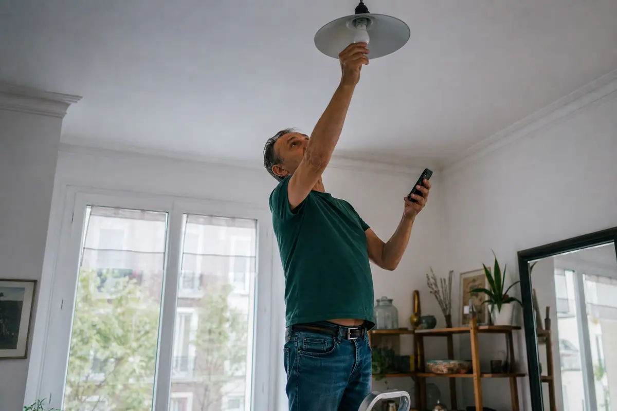 Un homme installe une ampoule connectée dans un plafonnier tout en consultant une application sur son smartphone