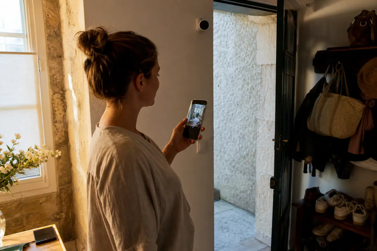 Une femme consulte sur son smartphone le flux vidéo d'une caméra de surveillance installée près de sa porte d'entrée