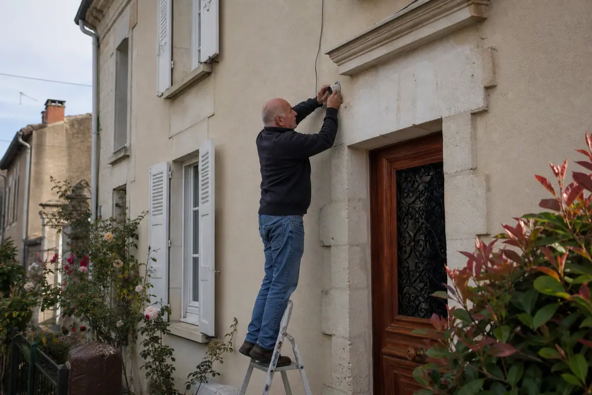 Un homme ajuste l'angle d'une caméra de surveillance installée au dessus de sa porte pour éviter de filmer le jardin voisin