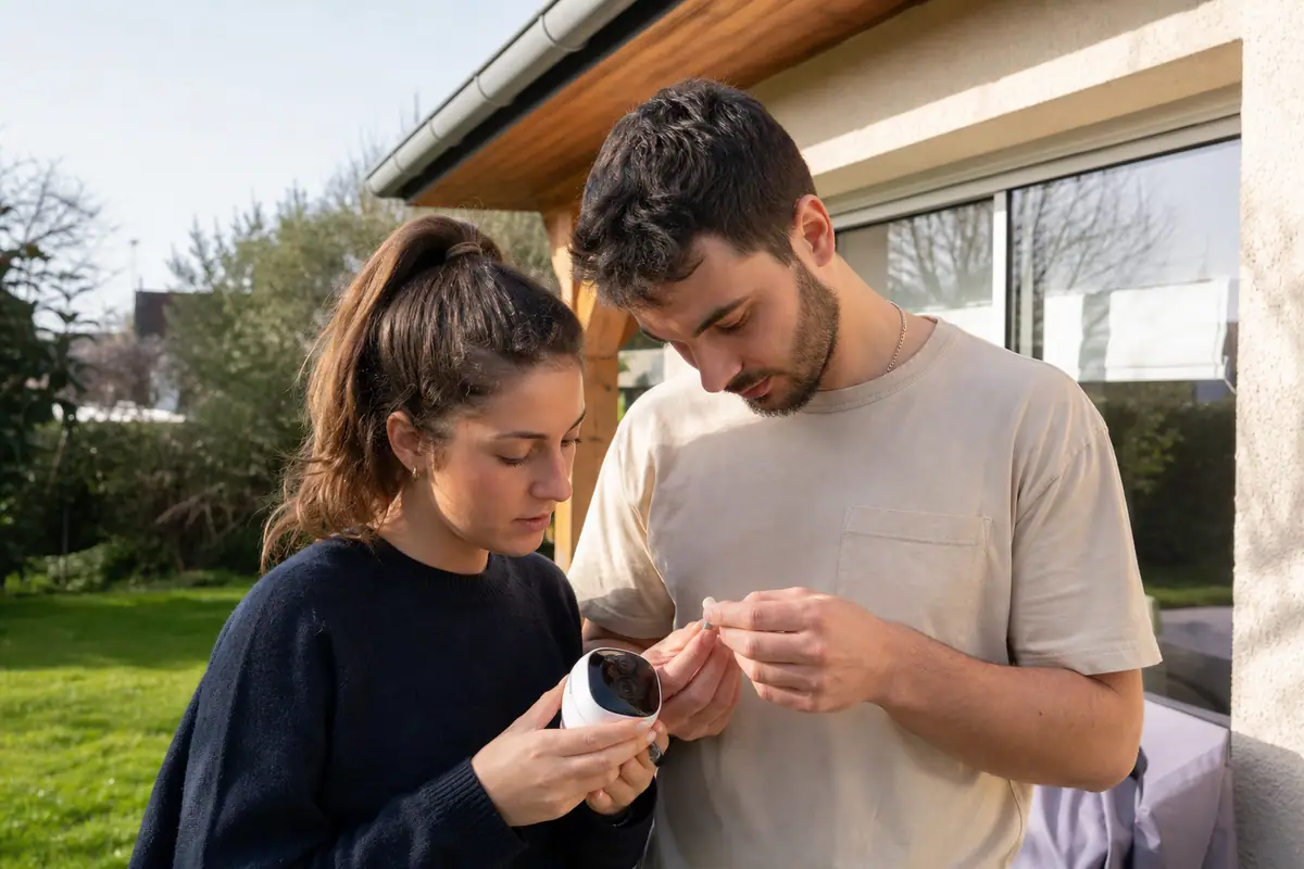 Un couple insère une carte mémoire dans une caméra de surveillance extérieure avant de la fixer sous l'avant toit