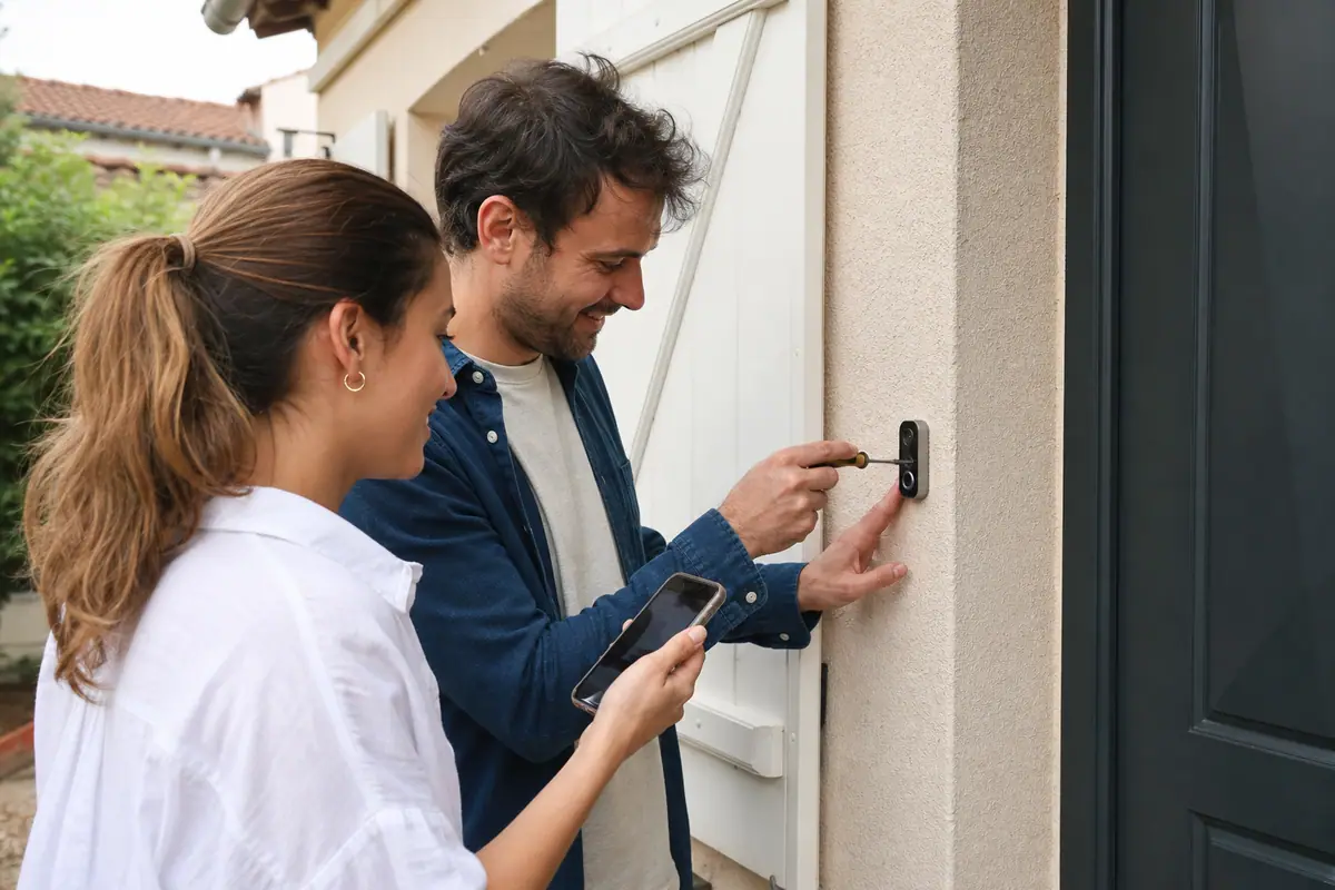Un couple installe ensemble une sonnette connectée sur batterie à l'entrée de leur maison