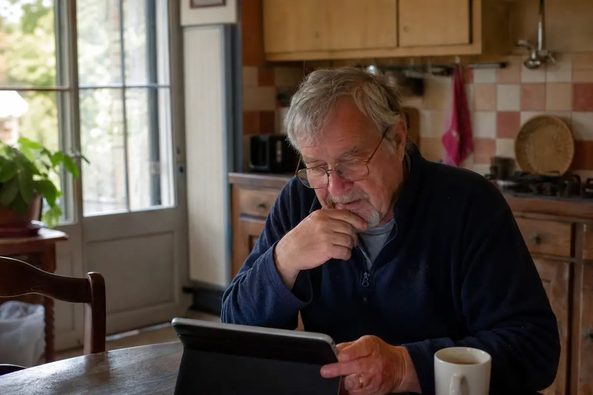 Un homme consulte tranquillement les enregistrements de sa sonnette connectée sur une tablette, sans abonnement