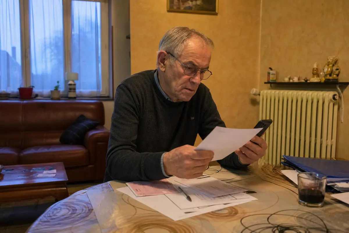 Un homme compare sa facture de chauffage papier avec l'application de son thermostat connecté