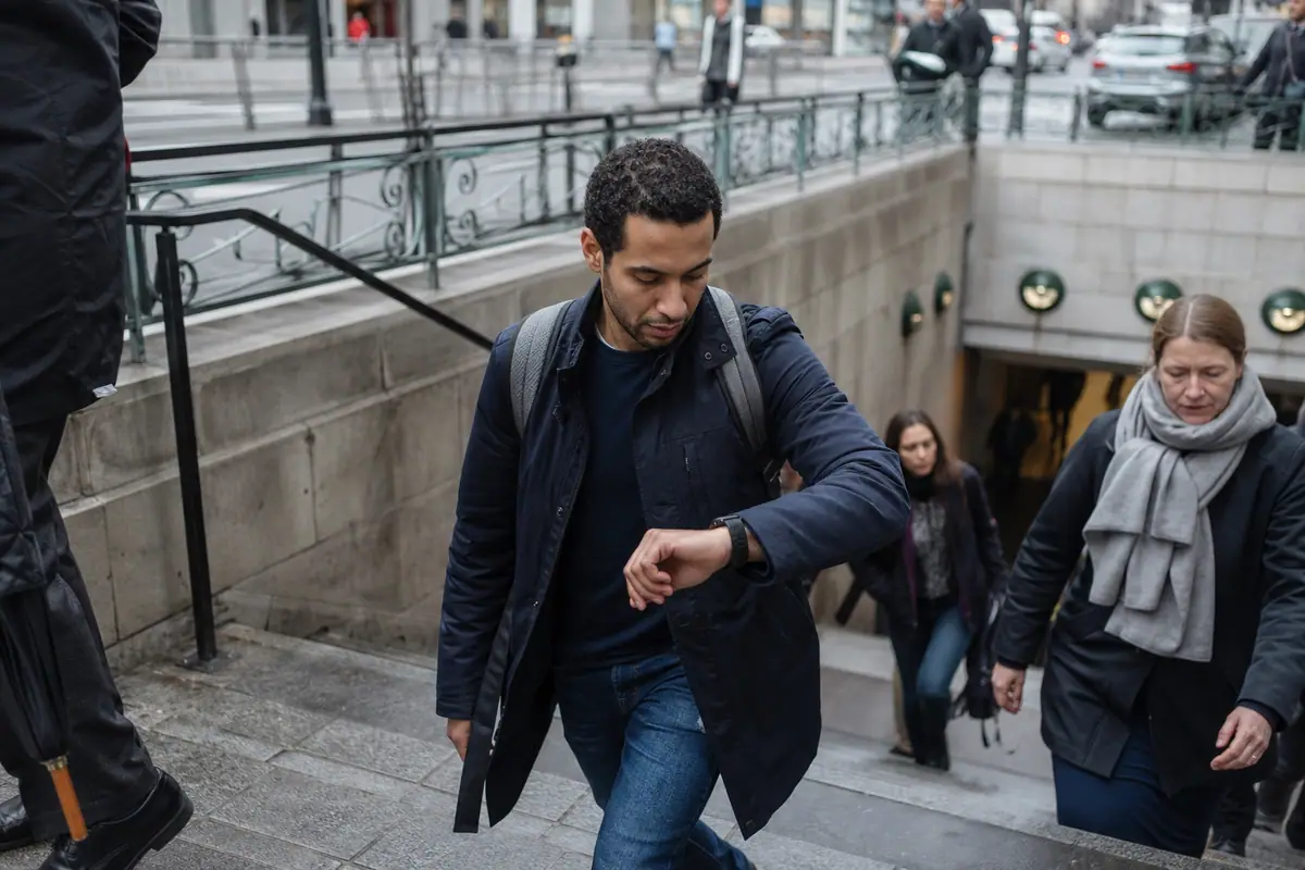 Un homme regarde son bracelet connecté en montant les escaliers d'une sortie de métro