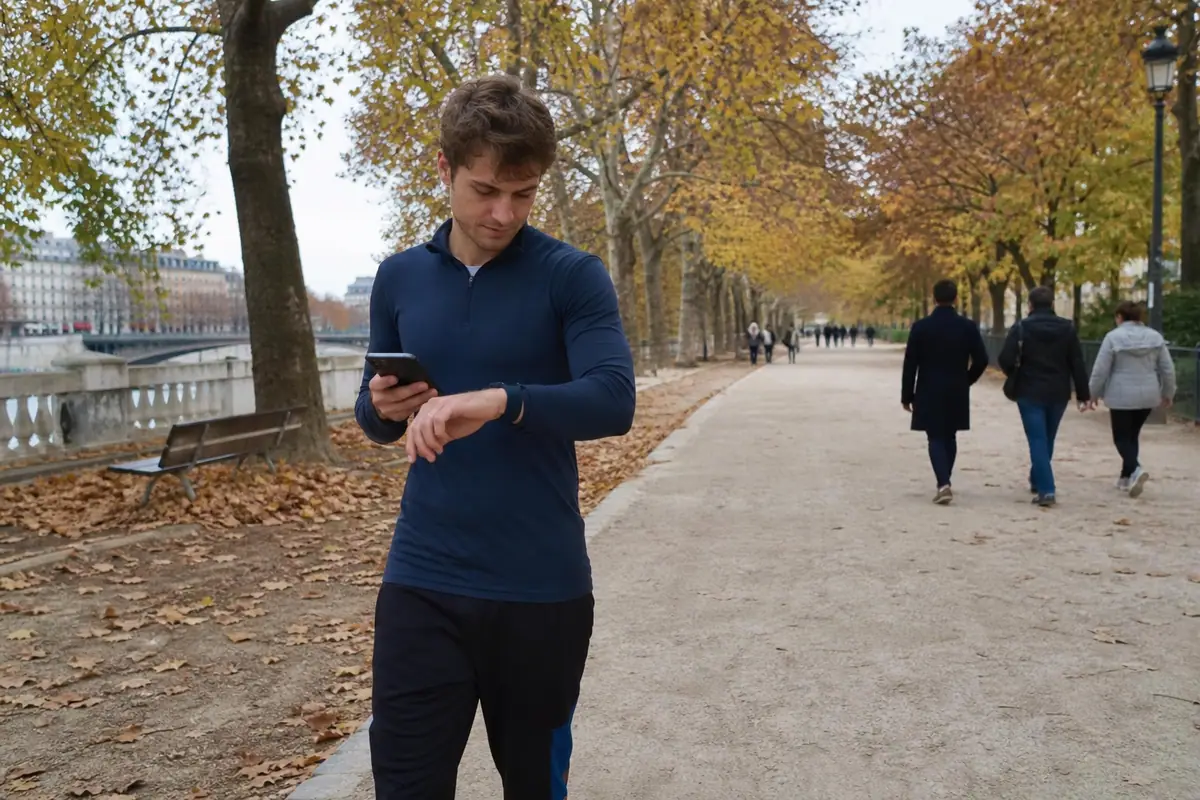 Un jeune homme s'arrête pendant son footing dans un parc pour comparer le nombre de pas de son bracelet et de son téléphone