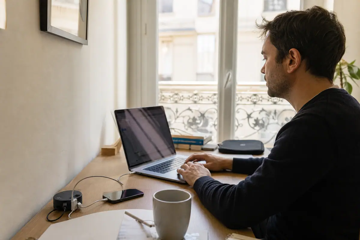 Un homme travaille depuis son bureau à domicile avec un chargeur USB-C multiport posé près de son ordinateur portable