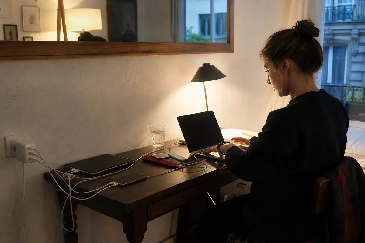 Une jeune femme recharge un ordinateur portable, une tablette et un smartphone avec un même chargeur USB-C multiport