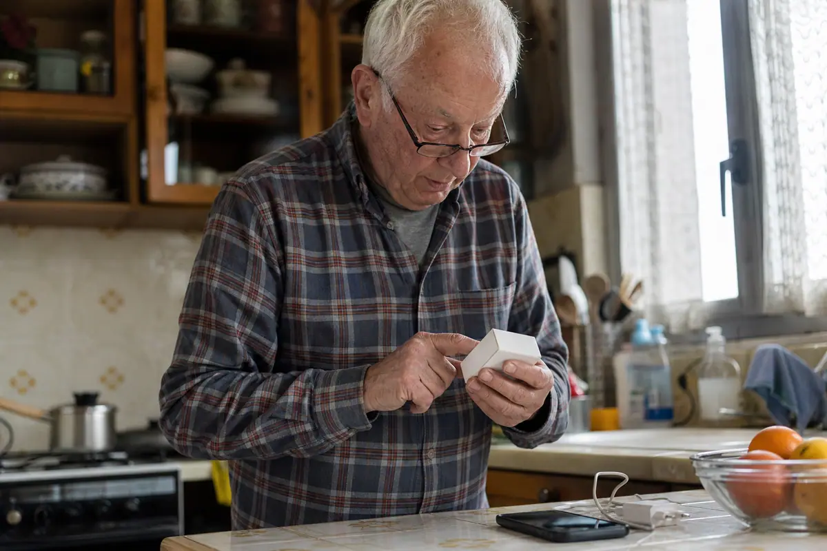 Un homme âgé examine la puissance indiquée sur la boîte d'un chargeur USB-C avant de recharger son smartphone