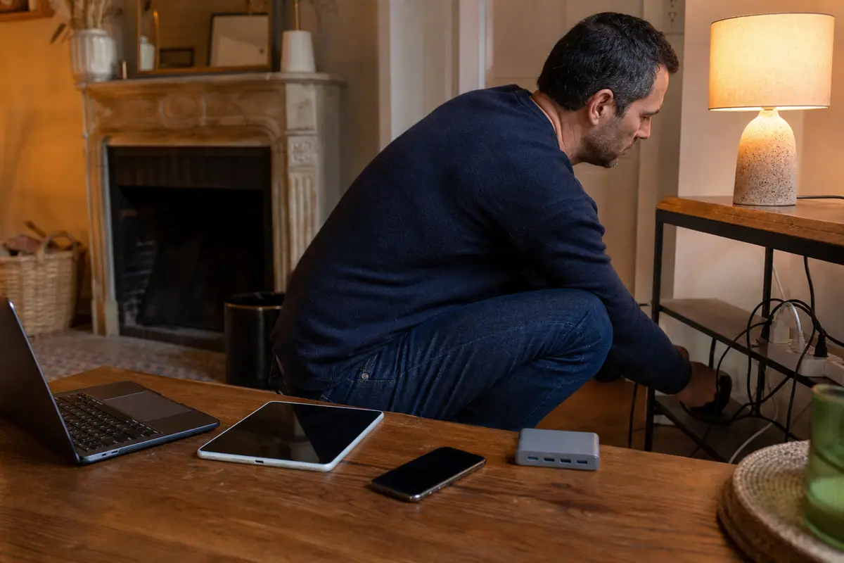 Un père branche une station de charge USB-C multiport pour recharger plusieurs appareils dans son salon