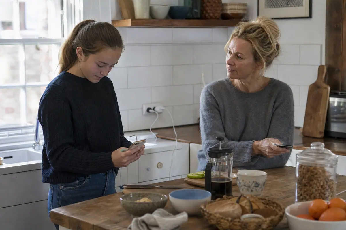 Une mère et sa fille rechargent chacune leur smartphone avec un chargeur USB-C compact dans leur cuisine