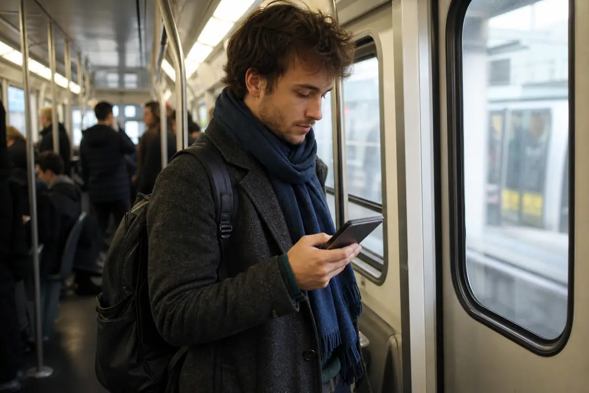 Un jeune homme lit sur une liseuse compacte debout dans un train de banlieue