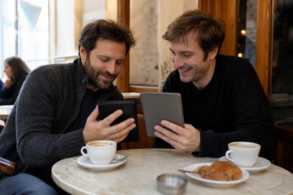 Deux amis comparent leurs liseuses attablés dans un café, autour d'un café et d'un croissant