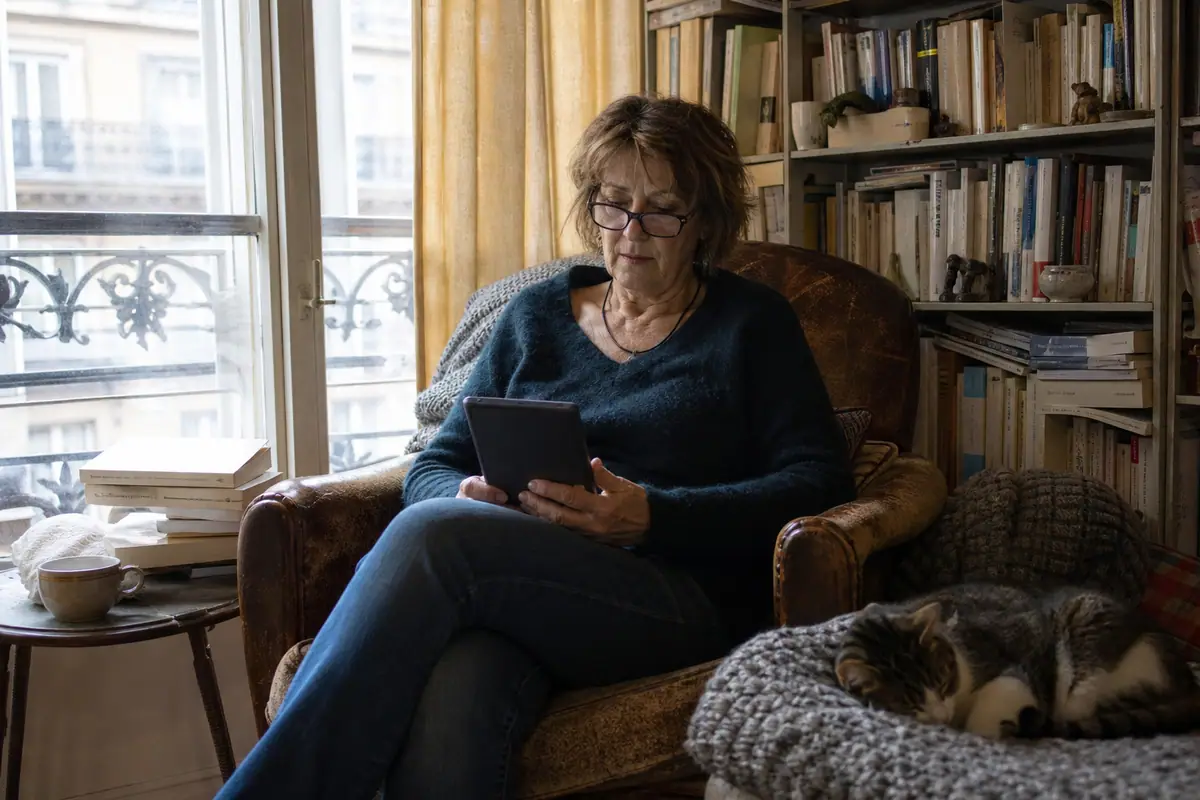 Une femme d'une soixantaine d'années lit sur une liseuse dans son fauteuil près de la fenêtre, un chat endormi à côté d'elle