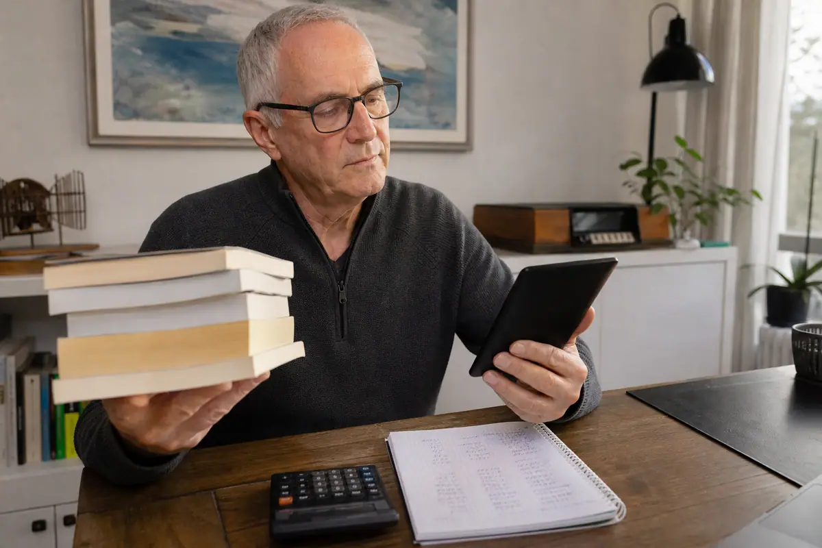 Un homme d'une soixantaine d'années compare le prix d'une pile de livres papier avec sa liseuse, calculatrice à la main