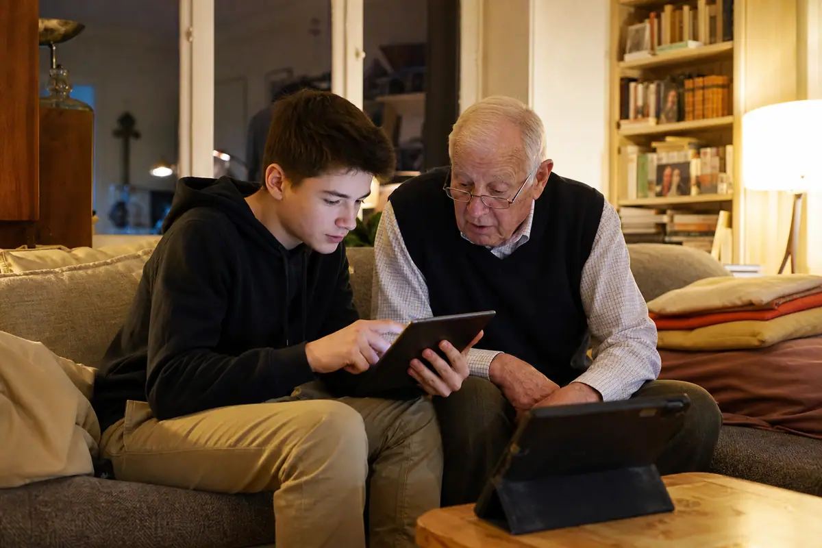 Un adolescent montre une application à son grand-père sur une tablette dans leur salon
