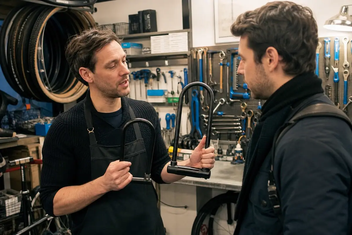 Un vendeur de magasin de vélos compare deux antivols en U de tailles différentes avec un client