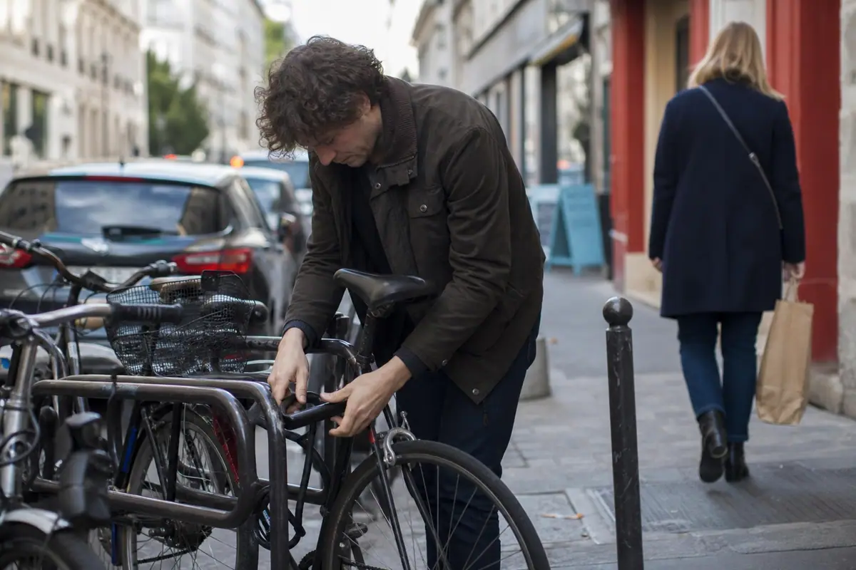 Un homme attache le cadre et la roue de son vélo à un arceau avec un antivol en U dans une rue