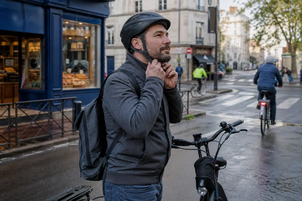 Un homme ajuste la sangle de son casque de vélo avant de partir travailler à vélo électrique en ville