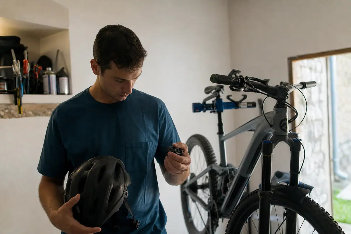Un jeune homme examine la télécommande d'un casque de vélo connecté dans son garage