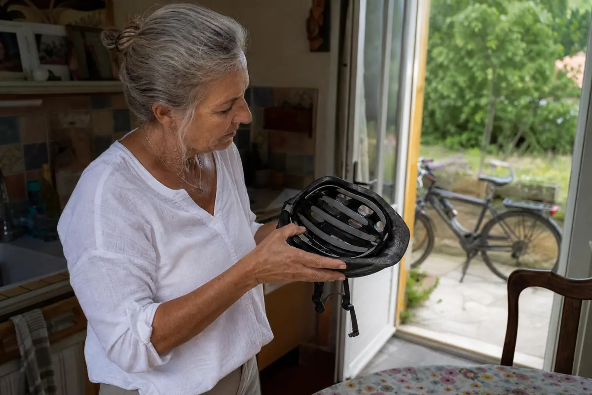Une femme inspecte l'intérieur d'un vieux casque de vélo pour vérifier s'il doit être remplacé