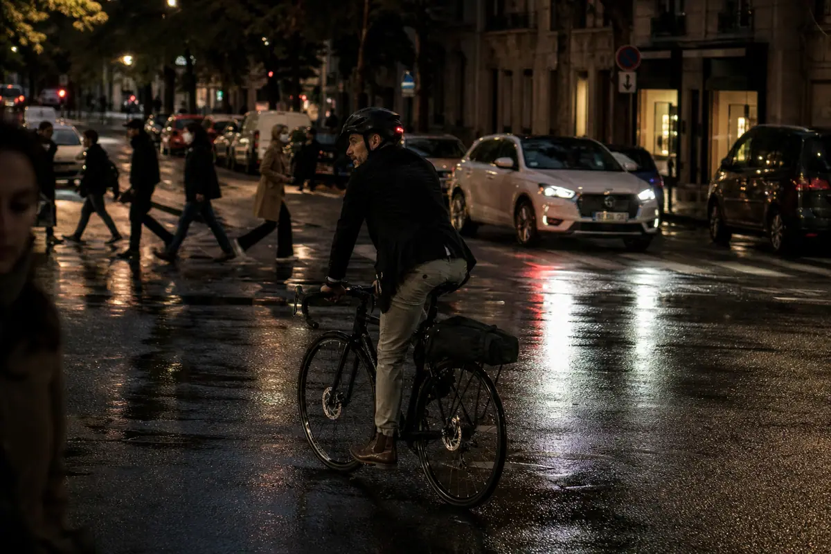 Un homme rentre du travail à vélo un soir de pluie, le feu arrière de son casque visible dans la nuit
