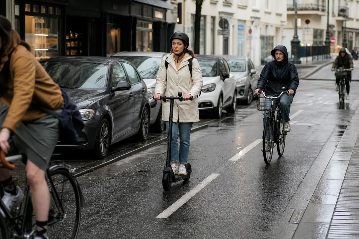 Une femme casquée circule en trottinette électrique sur une piste cyclable urbaine un matin de semaine