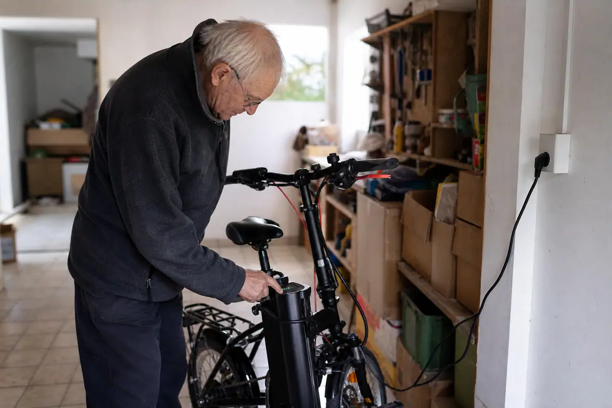 Un retraité vérifie le niveau de charge de la batterie de son vélo électrique pliant dans son garage