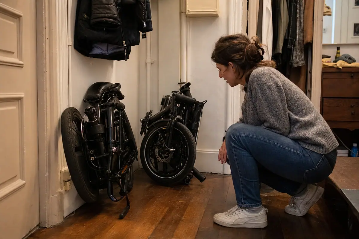 Une femme compare l'encombrement de deux vélos électriques pliants aux roues de tailles différentes dans son entrée