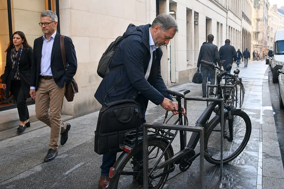 Un homme en tenue de bureau attache son vélo électrique devant son lieu de travail le matin