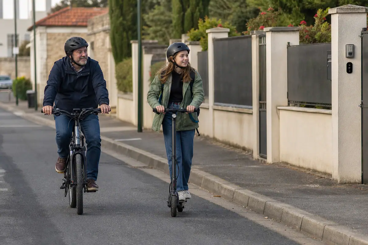 Un père part au travail à vélo électrique tandis que sa fille le suit en trottinette électrique dans leur rue