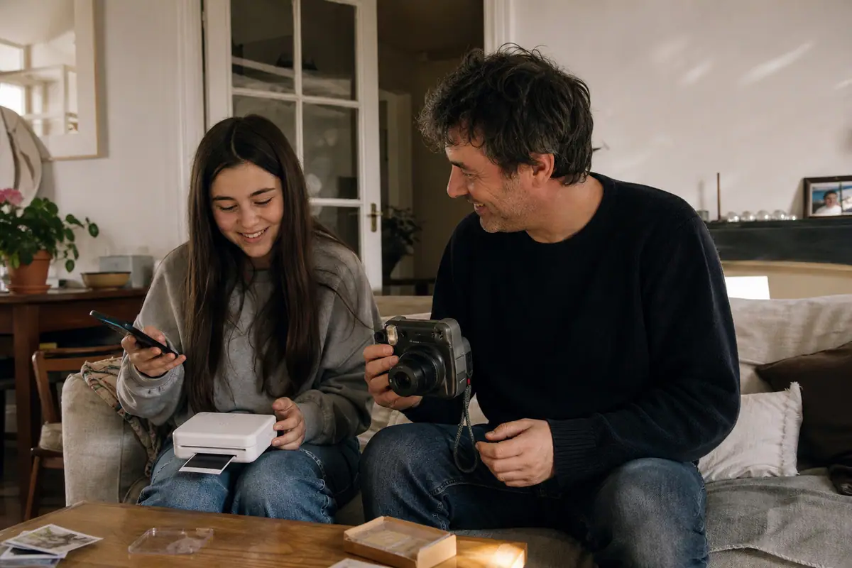 Un père et sa fille comparent une photo imprimée depuis un smartphone et une photo prise avec un appareil instantané