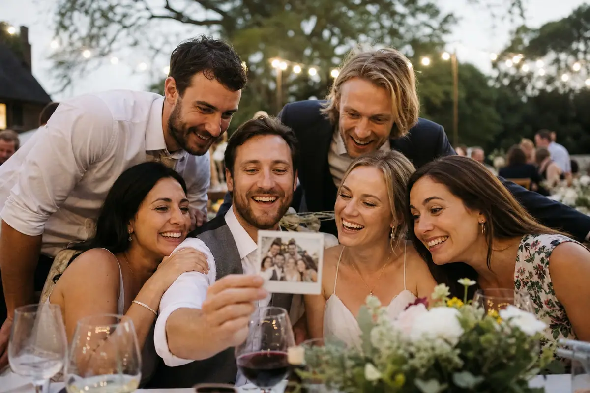 Des invités de mariage prennent une photo instantanée en groupe lors d'une réception en extérieur