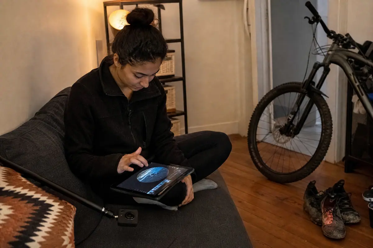 Une jeune femme recadre une vidéo 360° sur sa tablette dans son salon, un vélo tout-terrain appuyé contre le mur
