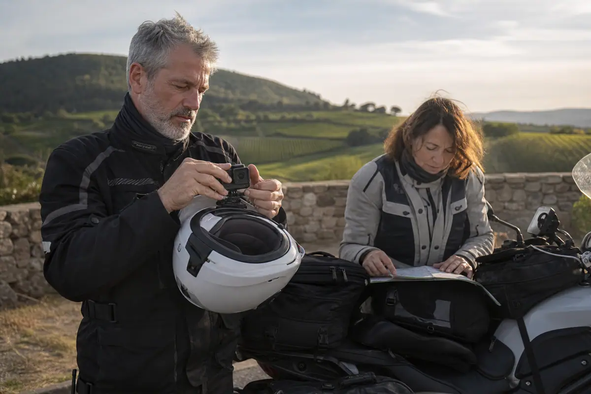 Un motard règle une caméra sport fixée sur la mentonnière de son casque lors d'une pause sur une route de campagne