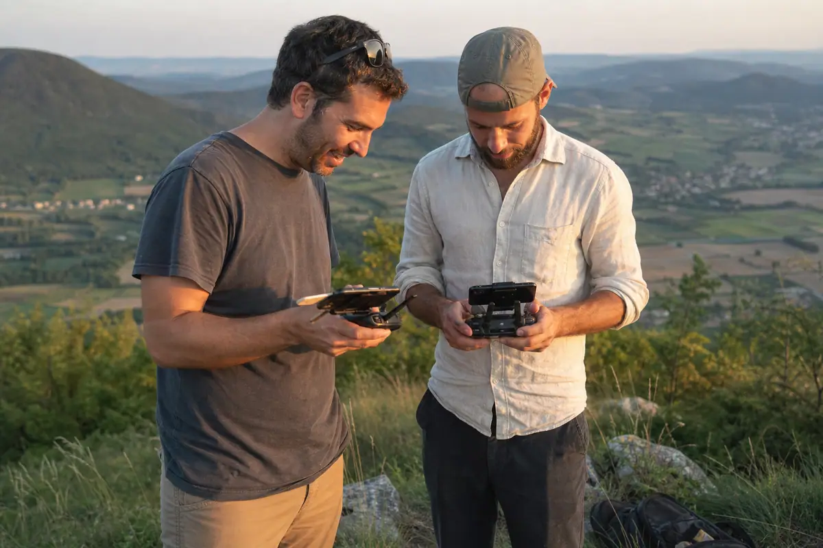 Deux amis comparent les images de leurs mini drones sur une colline au coucher du soleil