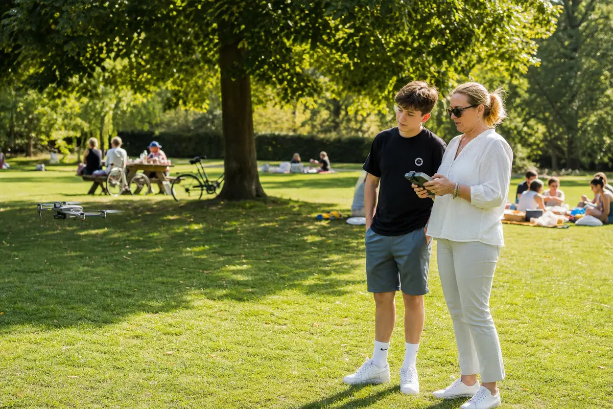 Une mère apprend à piloter un petit drone à son fils adolescent dans un parc public