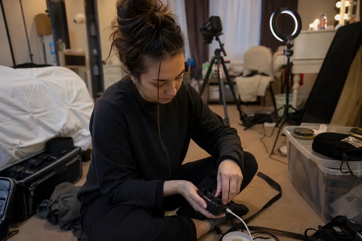 Une créatrice de contenu recharge ses émetteurs de micro sans fil dans leur boîtier avant un tournage