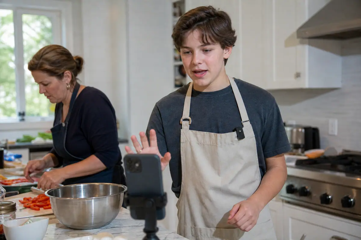 Un adolescent filme une vidéo culinaire avec un smartphone et un micro sans fil clipsé sur son tablier