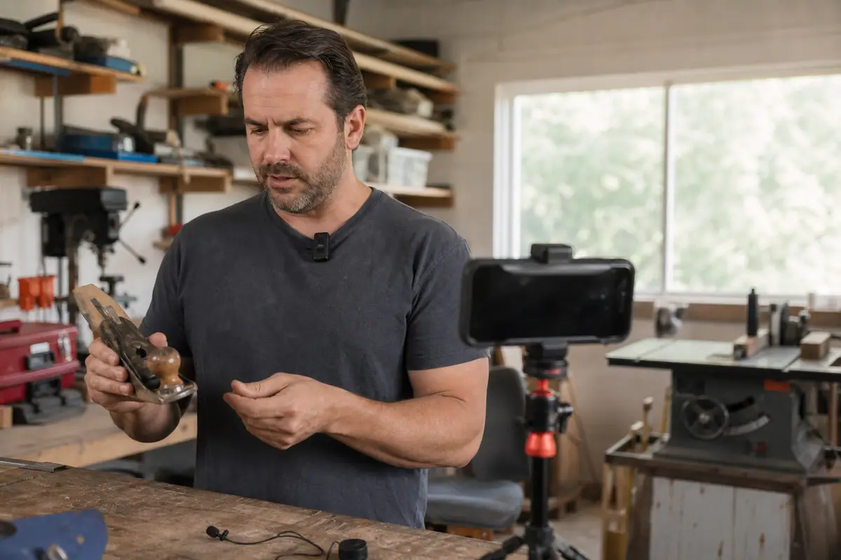 Un artisan enregistre une démonstration avec un micro sans fil clipsé sur sa chemise dans son atelier
