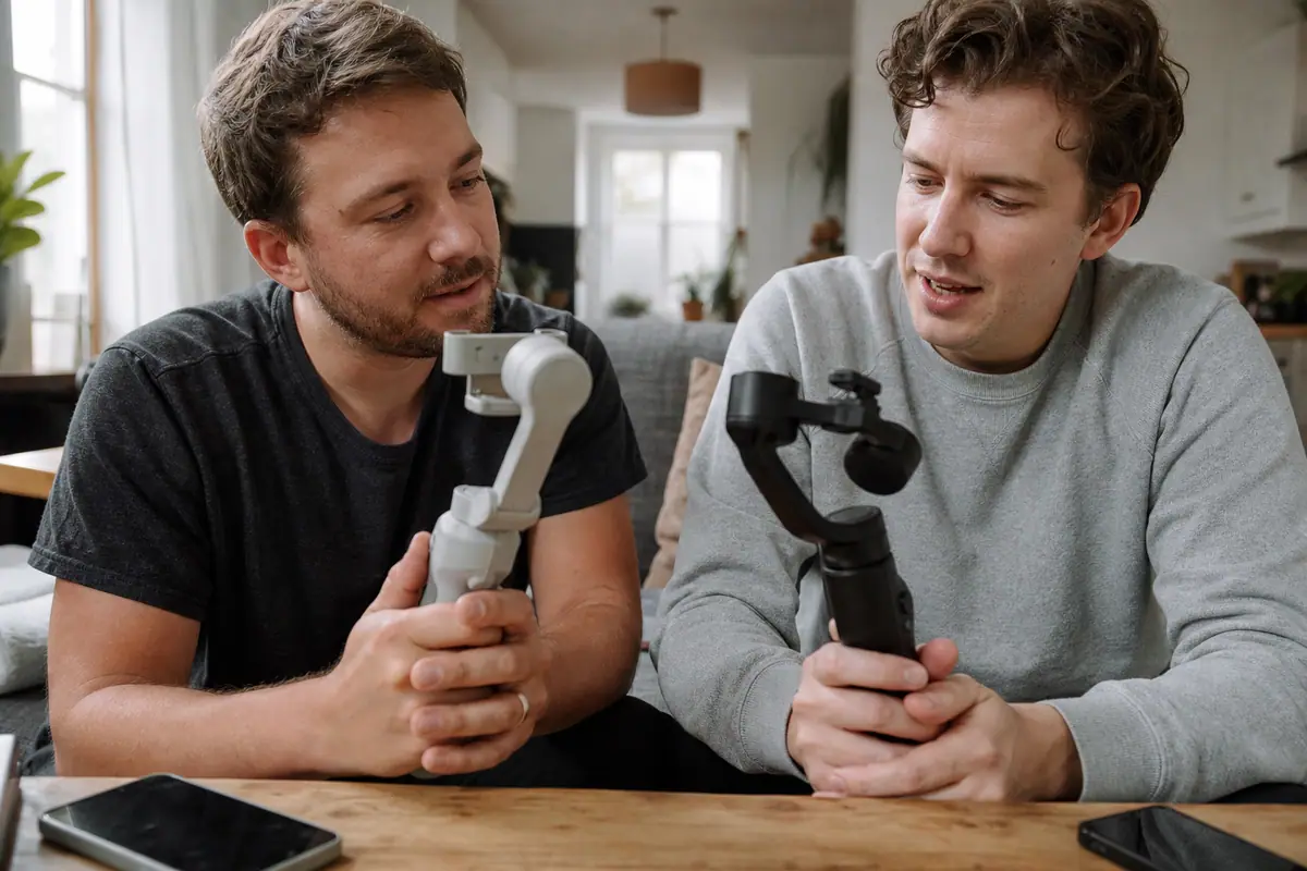 Deux amis comparent deux stabilisateurs pour smartphone posés sur une table