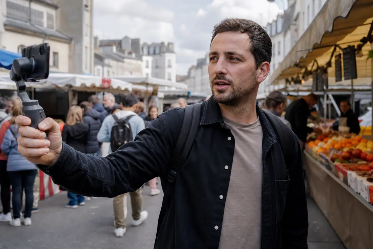 Un créateur de contenu se filme seul avec un stabilisateur de smartphone dans une rue commerçante