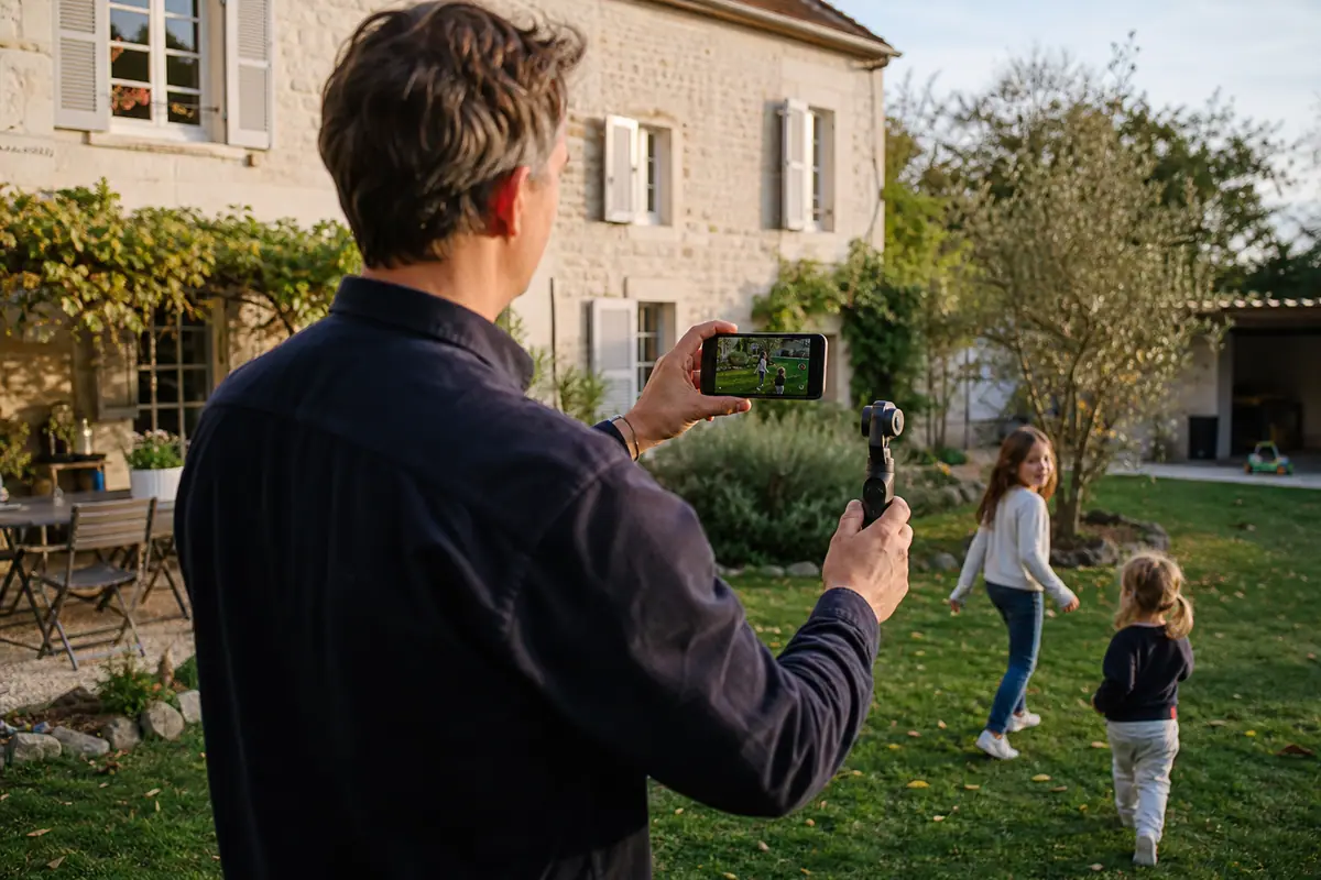 Un père compare la prise de vue à main levée et avec un stabilisateur pour filmer ses enfants dans le jardin